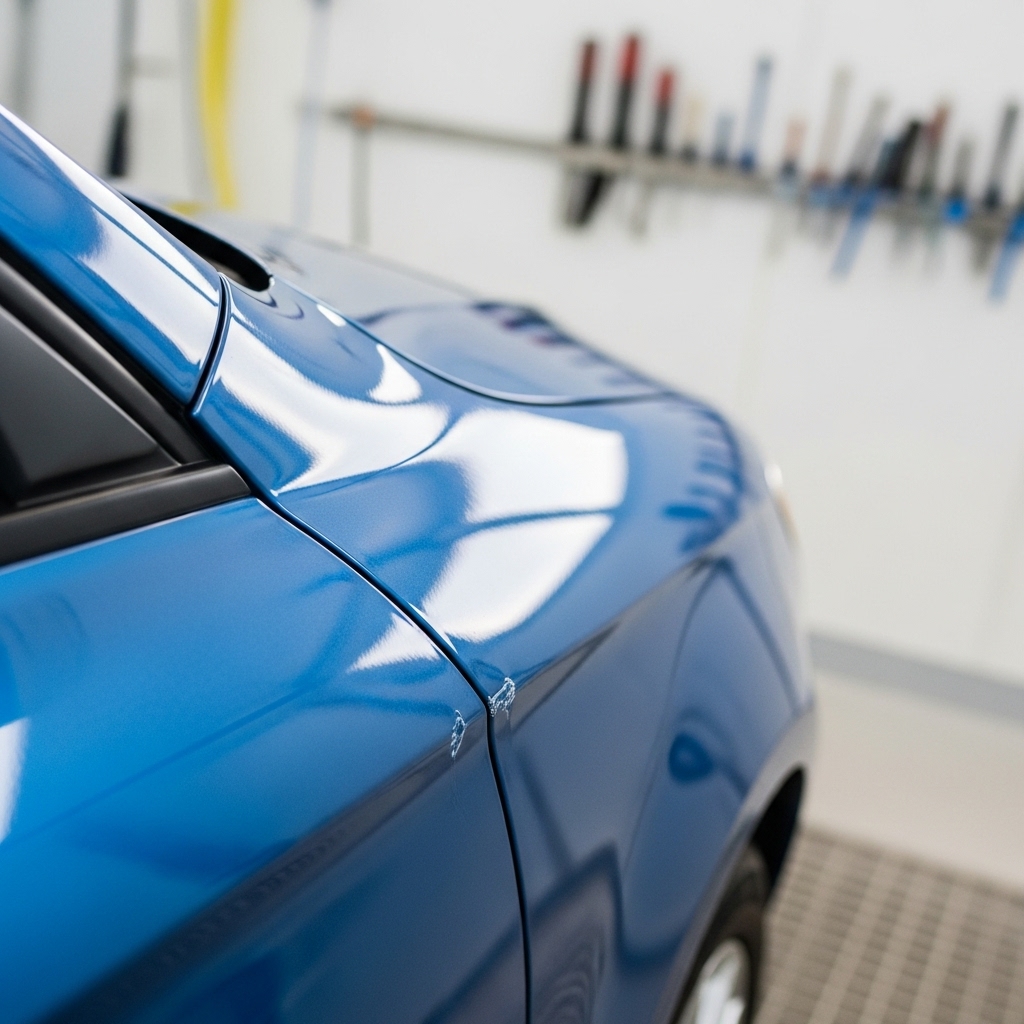 Paintless dent repair process showing before and after restoration of vehicle dent